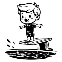a young boy smiling and happy, standing on a diving board above a swimming pool filled with water vector image illustration