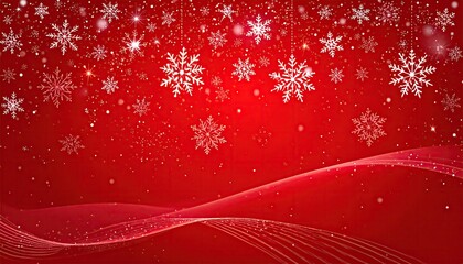 Beautiful Festive Red Background with Falling Snowflakes and Sparkling Lights.