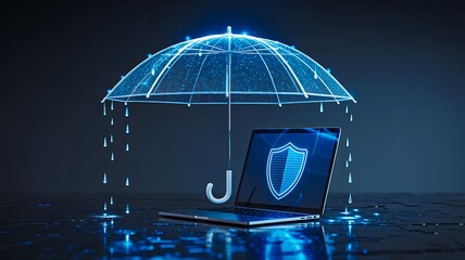 Digital umbrella protecting laptop with cybersecurity shield