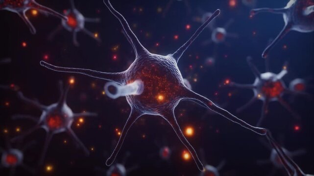 3D neural network animation with neurons sending electrical impulses, soft glowing light