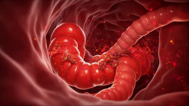 3D microscopic illustration of red blood cells flowing through a blood vessel, showing detailed vascular texture and fluid movement.