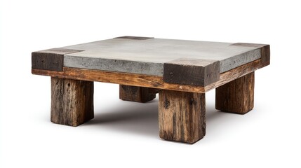 Square concrete top coffee table on rustic wooden legs