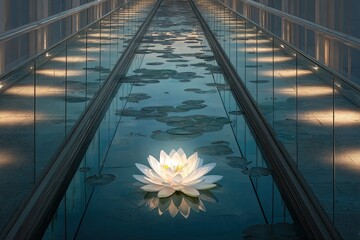 Peaceful lotus pond walkway at dusk