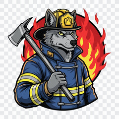 A determined wolf firefighter stands ready for action, clad in a vibrant blue uniform with yellow stripes, holding an axe against a backdrop of fiery flames, showcasing bravery and dedication