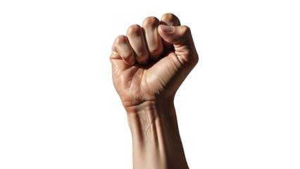 Close up of a raised clenched fist symbolizing power strength and protest isolated on transparent background