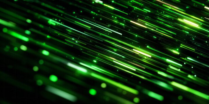 Dynamic flow of brilliant green light streaks moves across a dark background