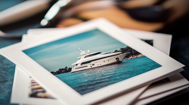 Printed photo stack with luxury yacht image on marble surface