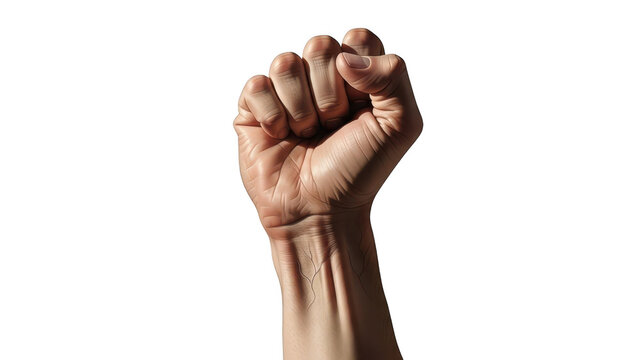 Close up of a raised clenched fist symbolizing power strength and protest isolated on transparent background