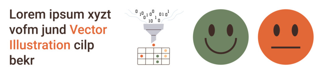 Data analysis, information processing, feedback systems, sentiment analysis, customer satisfaction, quality control. Funnel filtering data into a table with smile and neutral faces. Data analysis