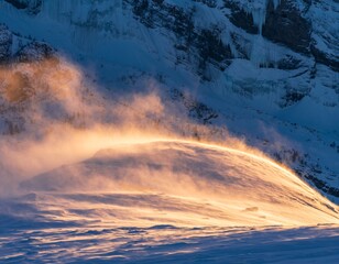 Ethereal Snow Landscape with Sunset Glow and Blowing Snow Patterns