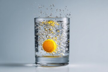Orange pill dissolving in water, splashing