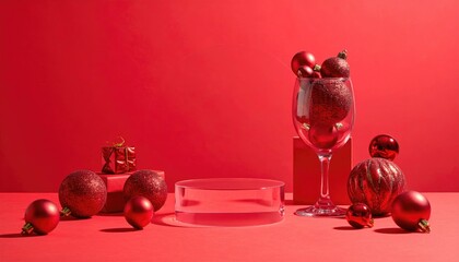Minimalist Red Christmas Ornaments and Festive Decorations Still Life.