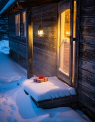 Cozy Winter Cabin Entrance with Gift Box and Soft Snow Surroundings