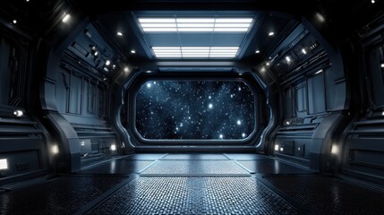 Space station interior view with starfield
