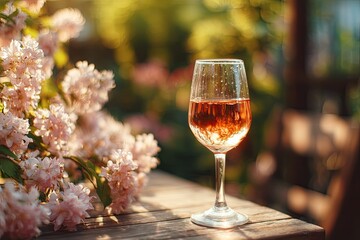 Ros? wine glass on wooden table, surrounded by flowers