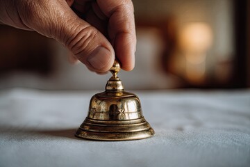 Hand ringing a vintage brass bell on a bed