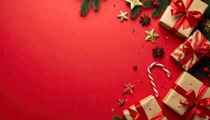 Festive Christmas Gifts and Decorations on a Vibrant Red Background.