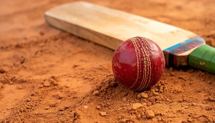 Cricket Bat and Red Ball on Clay Surface in Outdoor Sports Close-Up Composition