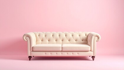 Cream Tufted Sofa with Gold Lamp and Green Plant Against Soft Pink Wall in Elegant Living Room Setup
