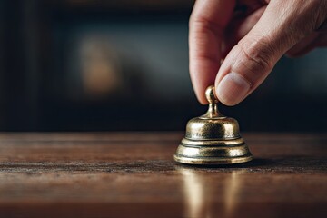 Hand ringing a small brass bell on a wooden table