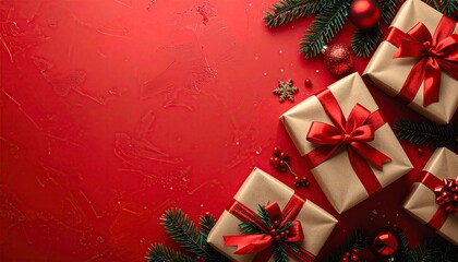 Festive Christmas gifts with red ribbons and pine branches on a textured red background.
