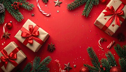 Festive Christmas flat lay with gifts, pine branches, candy canes, and ornaments on red background.