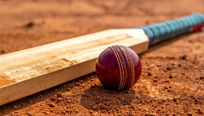 Cricket Bat and Red Ball on Clay Surface in Outdoor Sports Close-Up Composition