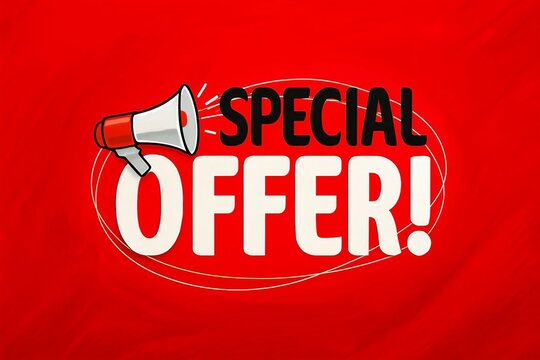 Loudspeaker announcing a special offer with bold white text on a vibrant red background perfect for sales and promotions