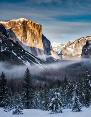Majestic Winter Landscape with Snowy Mountains and Misty Valley