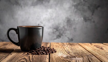 Black Ceramic Coffee Mug with Beans on Rustic Wooden Surface Against Smoky Gray Background in Cozy Close-Up