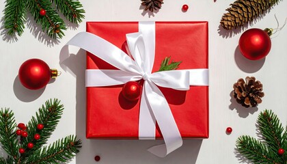 Festive Red Gift Box Surrounded by Christmas Decorations and Pine Branches.