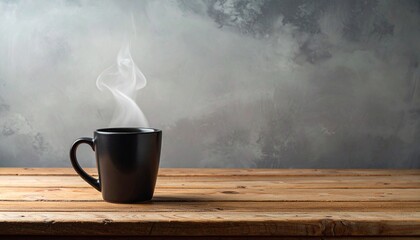 Black Ceramic Coffee Mug with Beans on Rustic Wooden Surface Against Smoky Gray Background in Cozy Close-Up