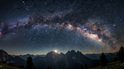 Majestic Milky Way Over Mountain Peaks at Dawn Starry Night Sky.