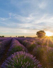 Beautiful Lavender Field Under Blue Sky with Sunset Rays