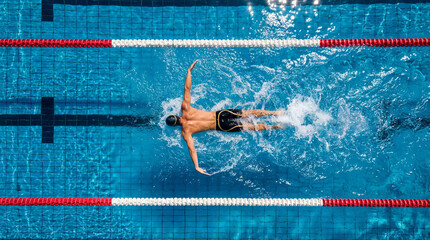 Top down aerial view of a professional male swimmer training backstroke in a competition swimming pool lane.