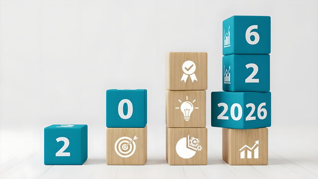 Business Goals Planning 2026 Strategy Teal Wood Blocks