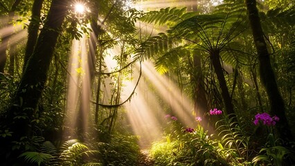 Enchanting Rainforest Path Bathed in Golden Sunbeams Illuminating Lush Greenery and Vibrant Purple Orchids.