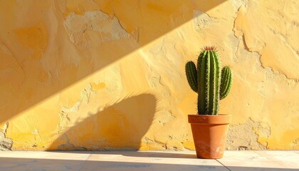 Potted Cactus Against Weathered Yellow Wall with Diagonal Shadows in Vibrant Desert-Inspired Close-Up