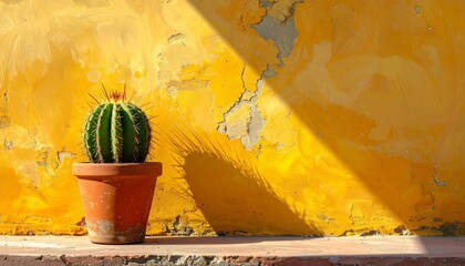 Potted Cactus Against Weathered Yellow Wall with Diagonal Shadows in Vibrant Desert-Inspired Close-Up
