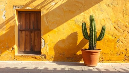Potted Cactus Against Weathered Yellow Wall with Diagonal Shadows in Vibrant Desert-Inspired Close-Up