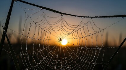 Sunrise Spiderweb: Dew-Kissed Web with Silhouette Spider Golden Light.