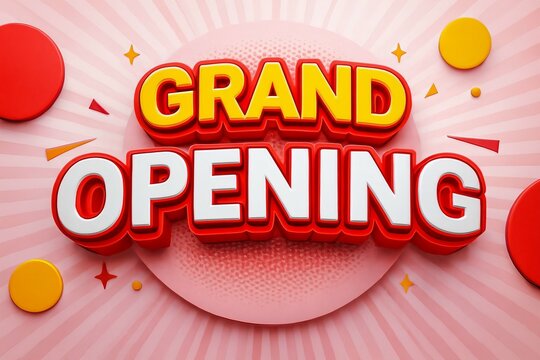 Exciting grand opening celebration with bold 3d text and festive decorations on a pink background