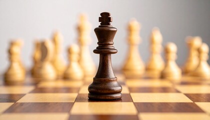 Black King Surrounded by White Chess Pieces on Chessboard in Strategic Close-Up Composition