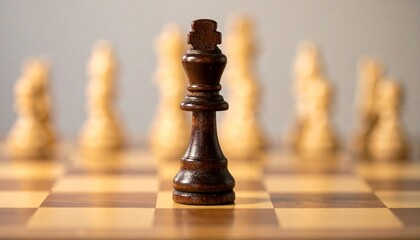 Black King Surrounded by White Chess Pieces on Chessboard in Strategic Close-Up Composition