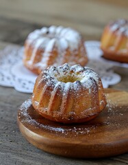 Delicious Mini Bundt Cakes with Powdered Sugar on Wooden Plate