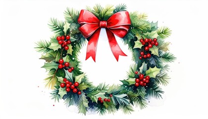 Beautiful Watercolor Christmas Wreath with Red Bow and Holly Berries Decoration.