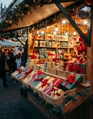 Festive Holiday Market Stall with Colorful Wrapped Gift Boxes