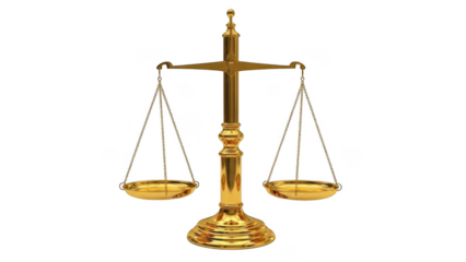 Antique brass justice scales with balanced pans isolated on transparent background