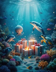 Underwater Celebration with Dolphins, Turtles, and Gifts