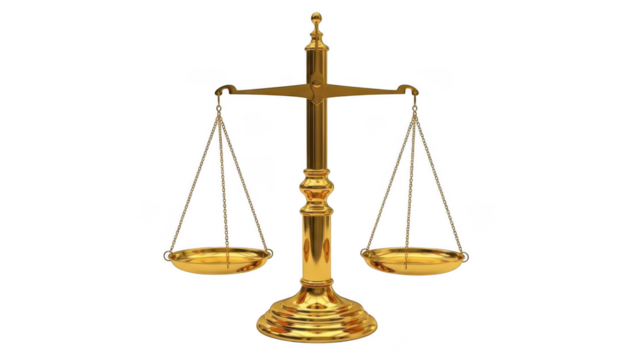 Antique brass justice scales with balanced pans isolated on transparent background - Powered by Adobe